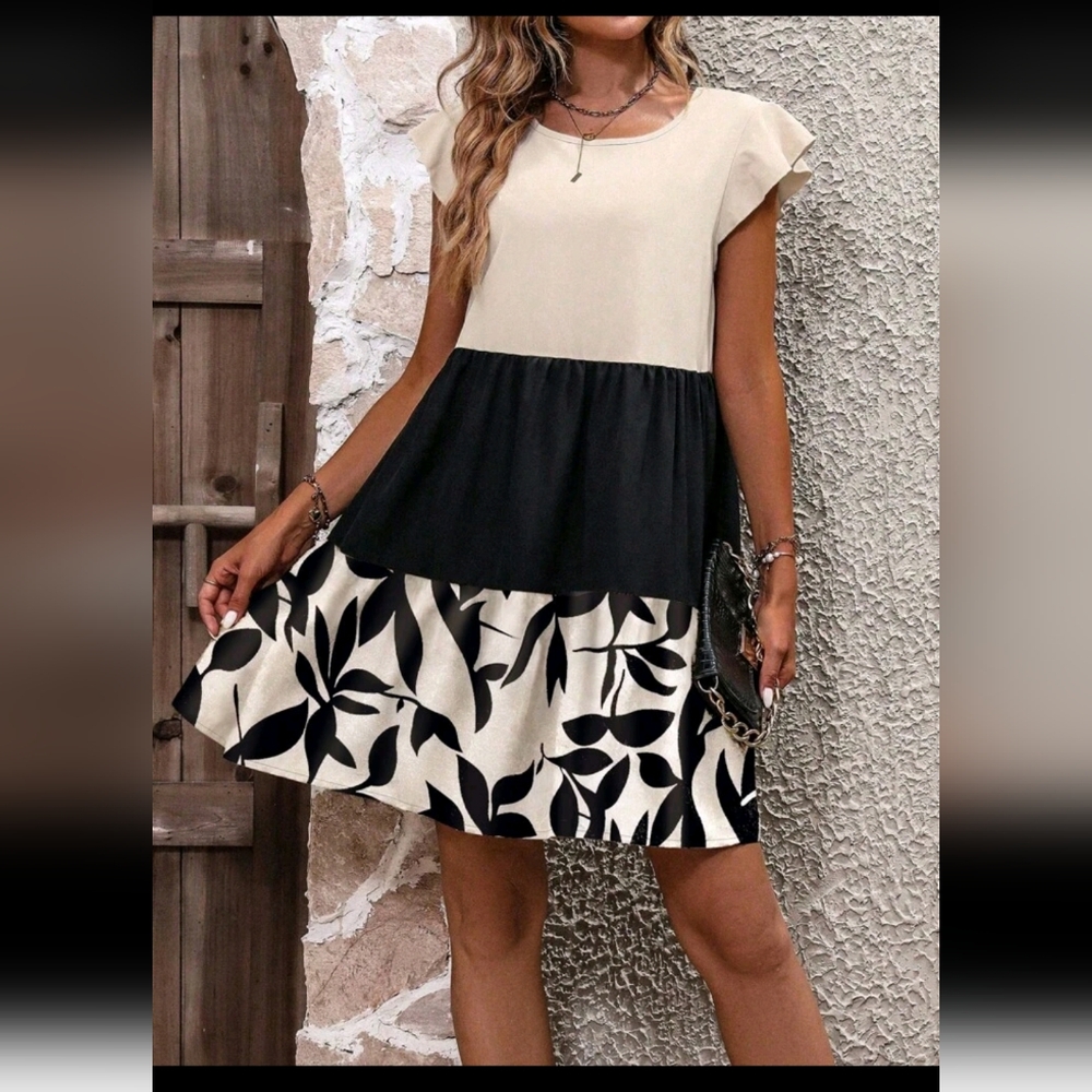 SHEIN Frenchy A-Line Short Puff Sleeve Round Neck Holiday Style Patchwork Dress